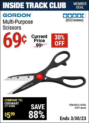 Inside Track Club members can buy the GORDON Multipurpose Scissors (Item 47877/60274/63520) for $0.69, valid through 3/30/2023.