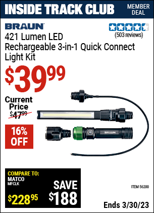 Inside Track Club members can buy the BRAUN 3-in-1 Quick Connect Light Kit (Item 56200) for $39.99, valid through 3/30/2023.