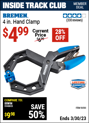 Coupons for BREMEN 4 In. Hand Clamp for $4.99