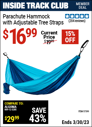 Inside Track Club members can buy the Parachute Hammock With Adjustable Tree Straps (Item 57399) for $16.99, valid through 3/30/2023.