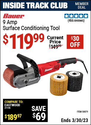 Inside Track Club members can buy the BAUER 9 Amp Surface Conditioning Tool (Item 58079) for $119.99, valid through 3/30/2023.