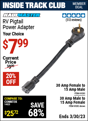 Inside Track Club members can buy the HAUL-MASTER 30 Amp Female to 15 Amp Male RV Pigtail Power Adapter (Item 69283/69282) for $7.99, valid through 3/30/2023.