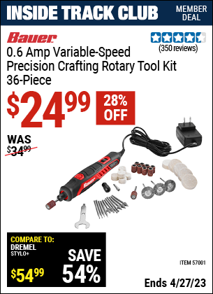 Inside Track Club members can buy the BAUER Variable Speed Precision Crafting Rotary Tool (Item 57001) for $24.99, valid through 4/27/2023.
