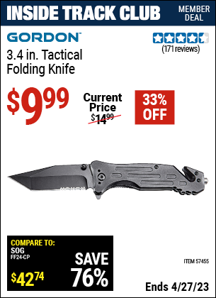 Inside Track Club members can buy the GORDON 3.4 In. Pocket Knife (Item 57455) for $9.99, valid through 4/27/2023.