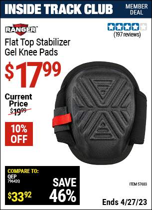 Inside Track Club members can buy the RANGER Stabilizer Gel Knee Pads (Item 57603) for $17.99, valid through 4/27/2023.