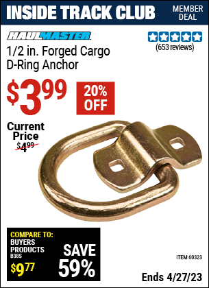 Inside Track Club members can buy the HAUL-MASTER 1/2 in. Forged Cargo D-Ring Anchor (Item 60323) for $3.99, valid through 4/27/2023.