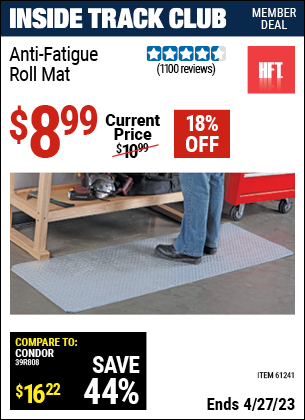 Inside Track Club members can buy the HFT Anti-Fatigue Roll Mat (Item 61241) for $8.99, valid through 4/27/2023.