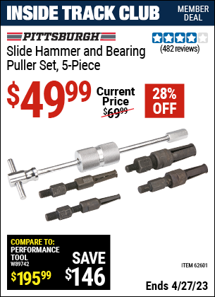 Inside Track Club members can buy the PITTSBURGH AUTOMOTIVE Slide Hammer and Bearing Puller Set 5 Pc. (Item 62601) for $49.99, valid through 4/27/2023.