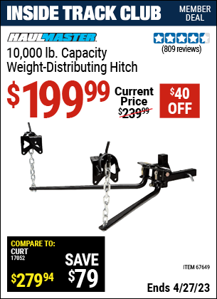 Inside Track Club members can buy the HAUL-MASTER 10000 Lbs. Capacity Weight-Distributing Hitch (Item 67649) for $199.99, valid through 4/27/2023.