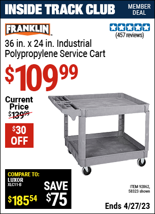Inside Track Club members can buy the HAUL-MASTER 24 In. x 36 In. Polypropylene Industrial Service Cart (Item 92862/58323) for $109.99, valid through 4/27/2023.