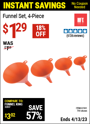 Buy the HFT Funnel Set 4 Pc. (Item 00744/61941) for $1.29, valid through 4/13/2023.