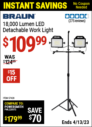 Buy the BRAUN 18-000 Lumen LED Detachable Work Light (Item 57428) for $109.99, valid through 4/13/2023.