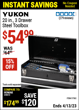 Buy the YUKON 20 in. 3 Drawer Steel Toolbox (Item 57582) for $54.99, valid through 4/13/2023.