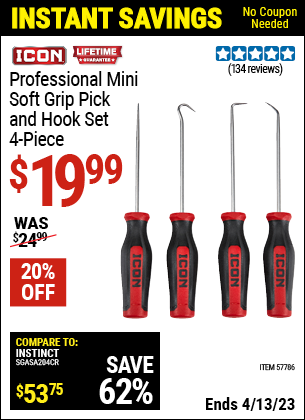 Buy the ICON Professional Precision Soft Grip Pick and Hook Set 4 Pc. (Item 57786) for $19.99, valid through 4/13/2023.