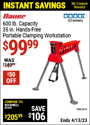 Buy the BAUER 35 in. Hands-Free Portable Clamping Workstation (Item 58123) for $99.99, valid through 4/13/2023.