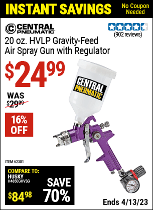 Buy the CENTRAL PNEUMATIC 20 oz. HVLP Gravity Feed Air Spray Gun with Regulator (Item 62381) for $24.99, valid through 4/13/2023.