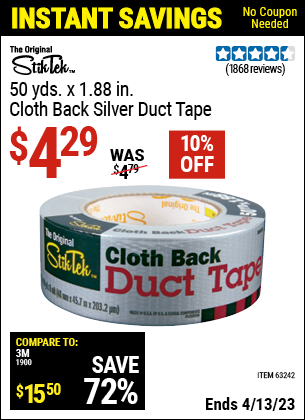 Buy the STIKTEK 50 Yds. x 1.88 in. Cloth Back Silver Duct Tape (Item 63242) for $4.29, valid through 4/13/2023.