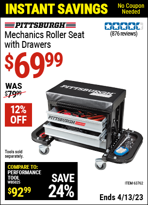 Buy the PITTSBURGH AUTOMOTIVE Mechanic's Roller Seat with Drawers (Item 63762) for $69.99, valid through 4/13/2023.