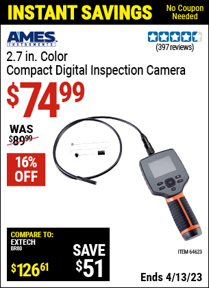 Buy the AMES 2.7 in. Color Compact Digital Inspection Camera (Item 64623) for $74.99, valid through 4/13/2023.