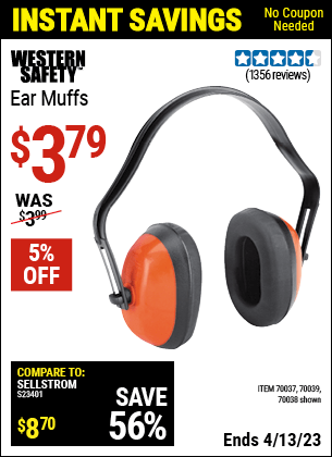 Buy the WESTERN SAFETY Industrial Ear Muffs (Item 70038/70037/70039) for $3.79, valid through 4/13/2023.