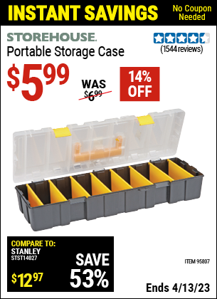 Buy the Portable Storage Case (Item 95807) for $5.99, valid through 4/13/2023.