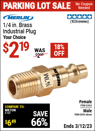 Buy the MERLIN 1/4 in. Female Brass Industrial Plug (Item 63563/63564) for $2.19, valid through 3/12/2023.
