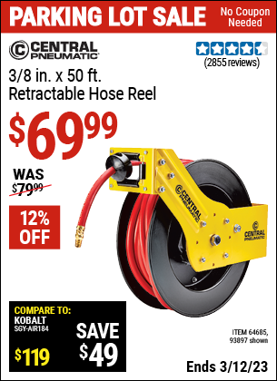 Buy the CENTRAL PNEUMATIC 3/8 In. X 50 Ft. Retractable Hose Reel (Item 93897/64685) for $69.99, valid through 3/12/2023.