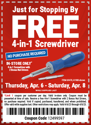 Buy the PITTSBURGH 4-in-1 Screwdriver with TPR Handle for FREE, valid through 4/8/2023.