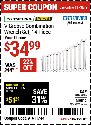 Buy the PITTSBURGH SAE V-Groove Combination Wrench Set 14 Pc. (Item 61399/63063) for $34.99, valid through 3/26/23.