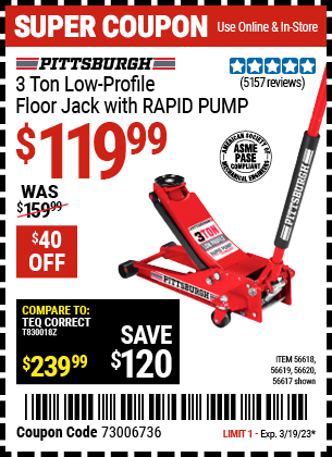 Buy the PITTSBURGH AUTOMOTIVE 3 Ton Low Profile Steel Heavy Duty Floor Jack With Rapid Pump (Item 56617/56618/56619/56620) for $119.99, valid through 3/19/2023.