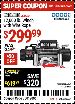 Buy the BADLAND 12000 Lbs. Off-Road Vehicle Electric Winch With Automatic Load-Holding Brake (Item 63770/64045/64046) for $299.99, valid through 3/19/2023.
