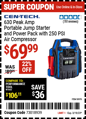 Buy the CEN-TECH 630 Peak Amp Portable Jump Starter and Power Pack with 250 PSI Air Compressor (Item 58978) for $69.99, valid through 3/19/2023.