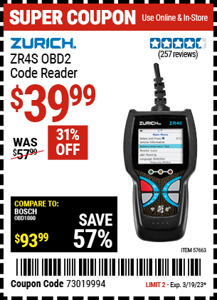 Buy the ZURICH ZR4S OBD2 Code Reader (Item 57663) for $39.99, valid through 3/19/2023.