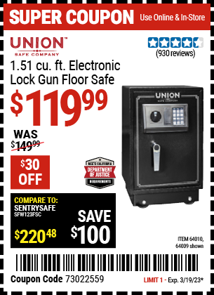 Buy the UNION SAFE COMPANY 1.51 cu. ft. Electronic Lock Gun Floor Safe (Item 64009/64010) for $119.99, valid through 3/19/2023.