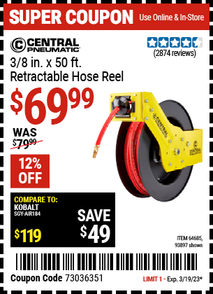 Buy the CENTRAL PNEUMATIC 3/8 In. X 50 Ft. Retractable Hose Reel (Item 93897/64685) for $69.99, valid through 3/19/2023.