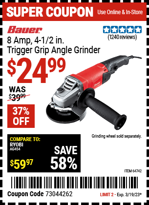 Buy the BAUER Corded 4-1/2 in. 8 Amp Heavy Duty Trigger Grip Angle Grinder with Tool-Free Guard (Item 64742) for $24.99, valid through 3/19/2023.