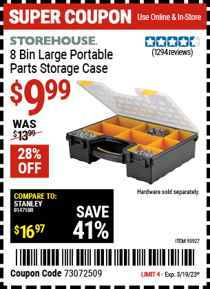 Buy the STOREHOUSE 8 Bin Large Portable Parts Storage Case (Item 93927) for $9.99, valid through 3/19/2023.