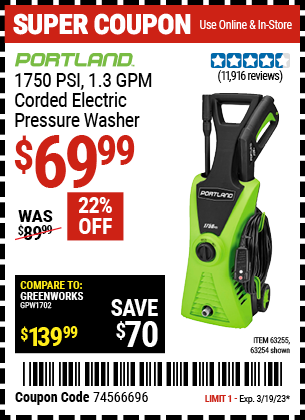 Buy the PORTLAND 1750 PSI 1.3 GPM Electric Pressure Washer, valid through 3/19/23.