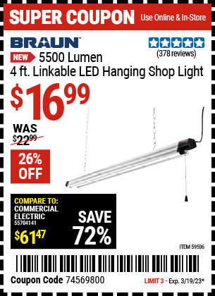 Buy the BRAUN 5500 Lumen, 4 ft. Linkable LED Hanging Shop Light, valid through 3/19/23.