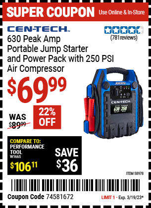 Buy the CEN-TECH 630 Peak Amp Portable Jump Starter and Power Pack with 250 PSI Air Compressor, valid through 3/19/23.