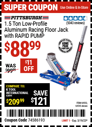Buy the PITTSBURGH 1.5 Ton Aluminum Rapid Pump Racing Floor Jack, valid through 3/19/23.