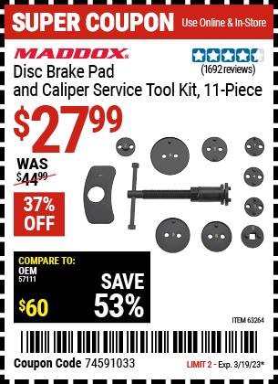 Buy the MADDOX Disc Brake Pad and Caliper Service Tool Kit 11 Pc., valid through 3/19/23.
