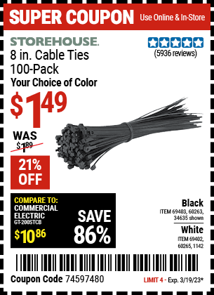 Buy the STOREHOUSE 8 in. Cable Ties Pack of 100, valid through 3/19/23.