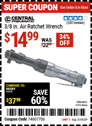 Buy the CENTRAL PNEUMATIC 3/8 in. Air Ratchet Wrench, valid through 3/19/23.