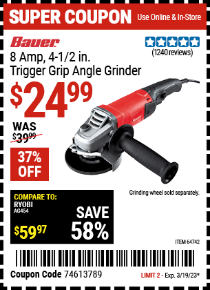 Buy the BAUER Corded 4-1/2 in. 8 Amp Heavy Duty Trigger Grip Angle Grinder with Tool-Free Guard, valid through 3/19/23.