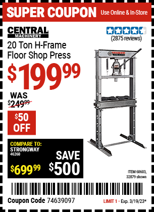Buy the CENTRAL MACHINERY H-Frame Industrial Heavy Duty Floor Shop Press, valid through 3/19/23.
