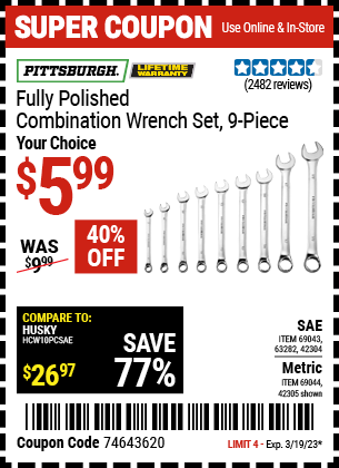 Buy the PITTSBURGH Fully Polished SAE Combination Wrench Set 9 Pc., valid through 3/19/23.