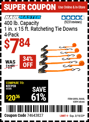 Buy the HAUL-MASTER 1 In. X 15 Ft. Ratcheting Tie Downs 4 Pk, valid through 3/19/23.
