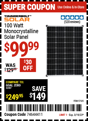 Buy the THUNDERBOLT 100 Watt Monocrystalline Solar Panel, valid through 3/19/23.
