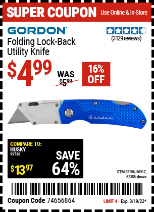 Buy the GORDON Folding Lock-Back Utility Knife, valid through 3/19/23.